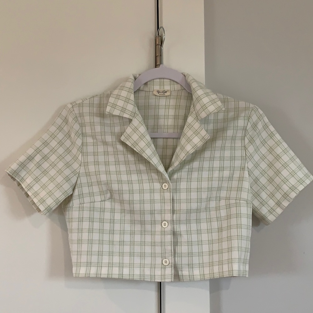 Brandy Melville White & Sage Green Plaid Top